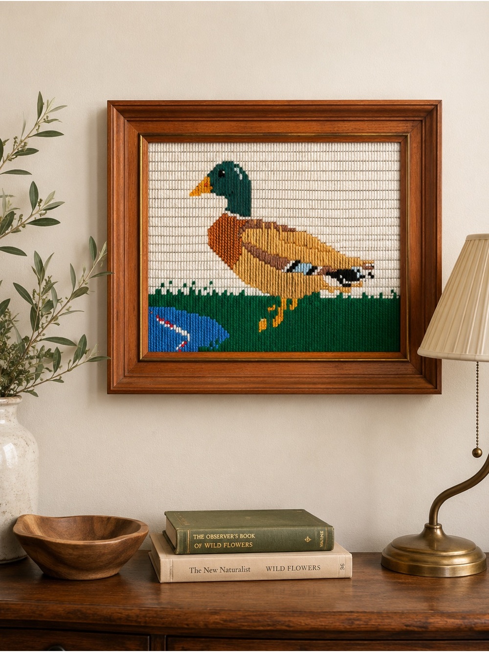 Vintage Duck Plastic Canvas Needlepoint, Mallard Duck Wall Art